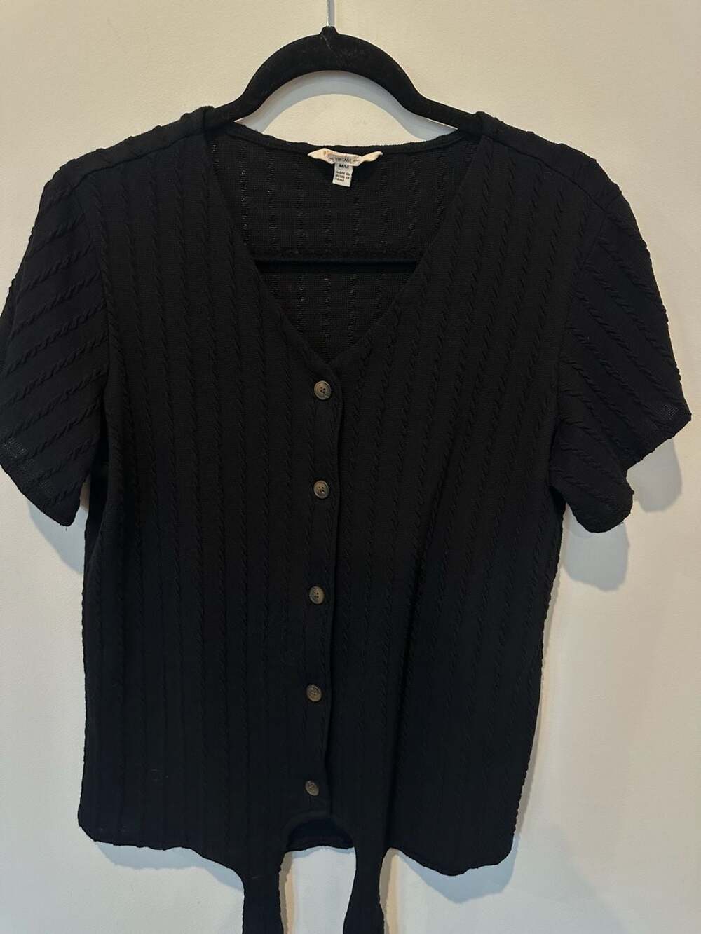 Weatherproof Vintage Black Short Sleeve Button-Front Tie-Front Knit Top Size M